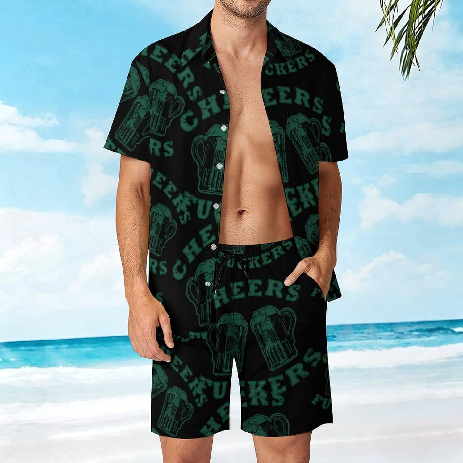 Cheers Fuckers St Day Partick Men's Summer Beach 2 Piece Outfits | hawaiian button down shirt and shorts,vacation cruise,mens bathing suit