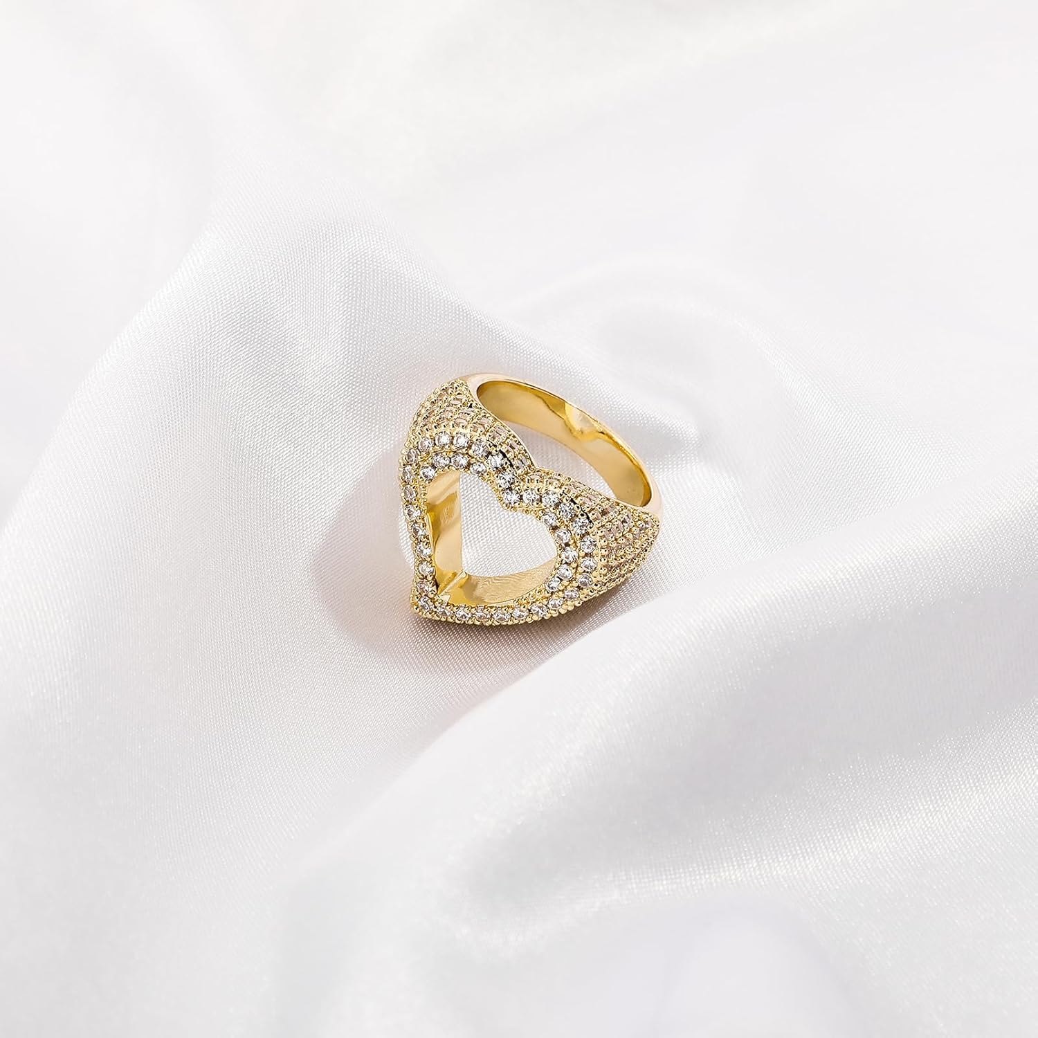 Solid Gold over S925 Sterling Silver Artistic Hollow-Out Heart Moissanite Ring, Unique Design, Fashion Gift for Women