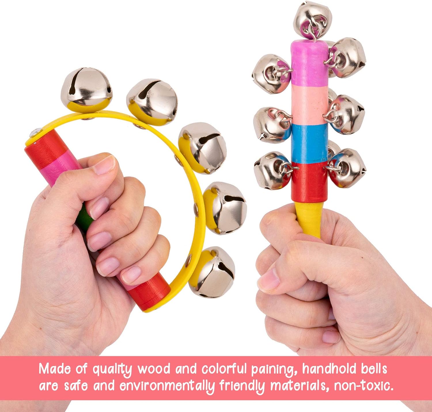 Whaline 4pcs Hand Jingle Bells Hand Sleigh Bells Rainbow Rattles Bell Handhold Wooden Bells with Handle Musical Instrument Gifts School Desk Ring Bell for Education Party Christmas : Musical Instruments