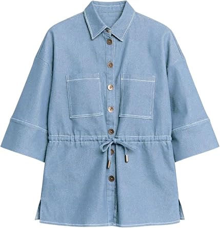 Women Denim Button Down Shirts V Neck 3/4 Sleeve Jean Shirt Casual Adjustable Drawstring Waist Blouse Top