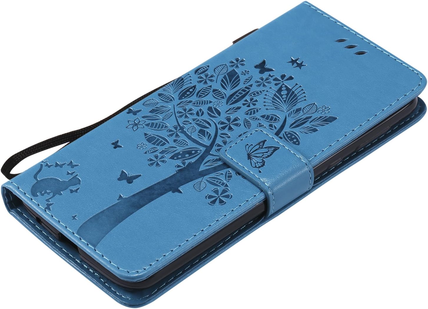 Moto E5 Plus Case, Moto E5 Supra Case, Lacass Cat Tree Pattern PU Leather Flip Wallet Case Cover Kickstand with Card Slots and Wrist Strap for Motorola Moto E5 Plus 2018 - Blue