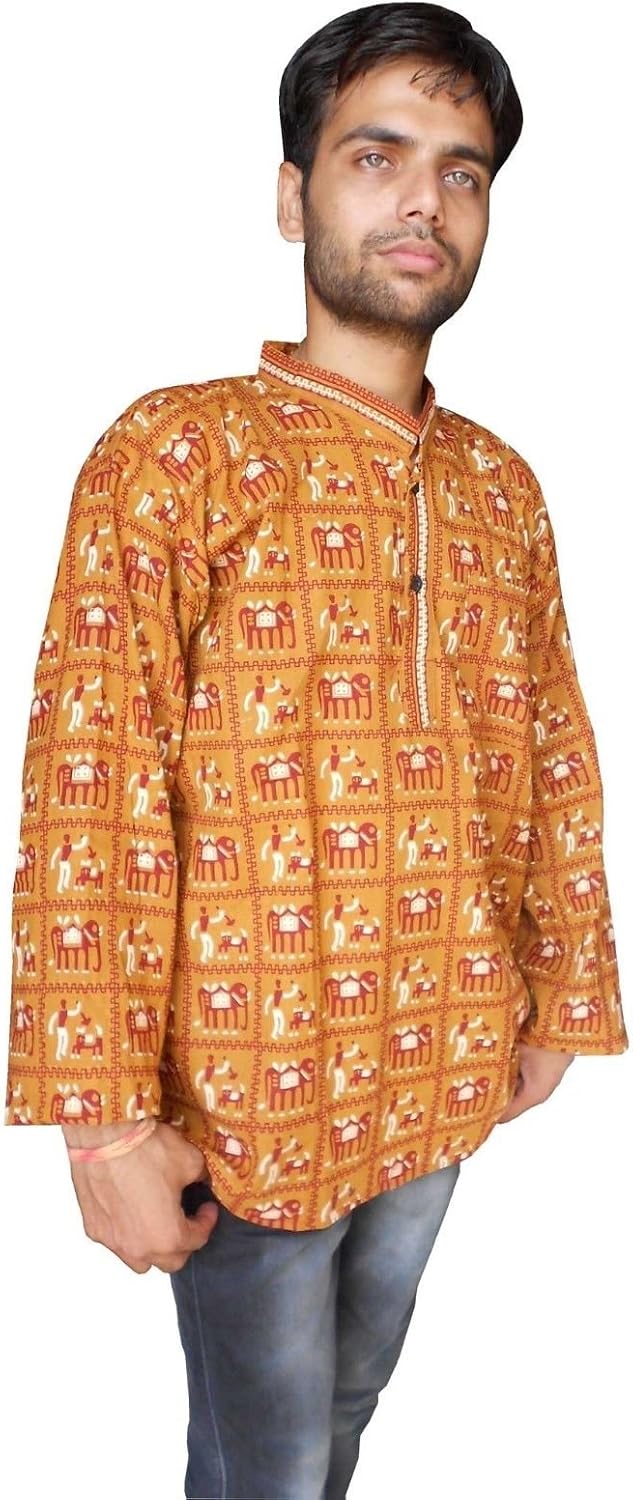 Indian Summer Elephent Print Fashion Men Kurta T-Shirt Cotton Wear Multi-Color