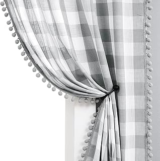 Pom Pom Check Curtains Grey White Gingham Plaid Curtain Panels for Kids Bedroom 54-Inch Farmhouse Pencil Pleat Buffalo Checkered Light Filtering Semi Sheer Window Treatments for Living Room, 40\"w 2pcs