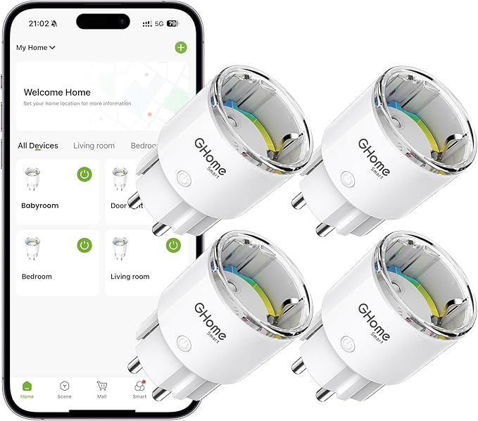 GHome Smart Enchufe Inteligente, Mini Enchufe WiFi con Monitoreo de Energía, Tomada Inteligente con Temporizador, Control Remoto, Funciona con Alexa y Google Home, Certificado TÜV, 10A, Solo WiFi 2.4G