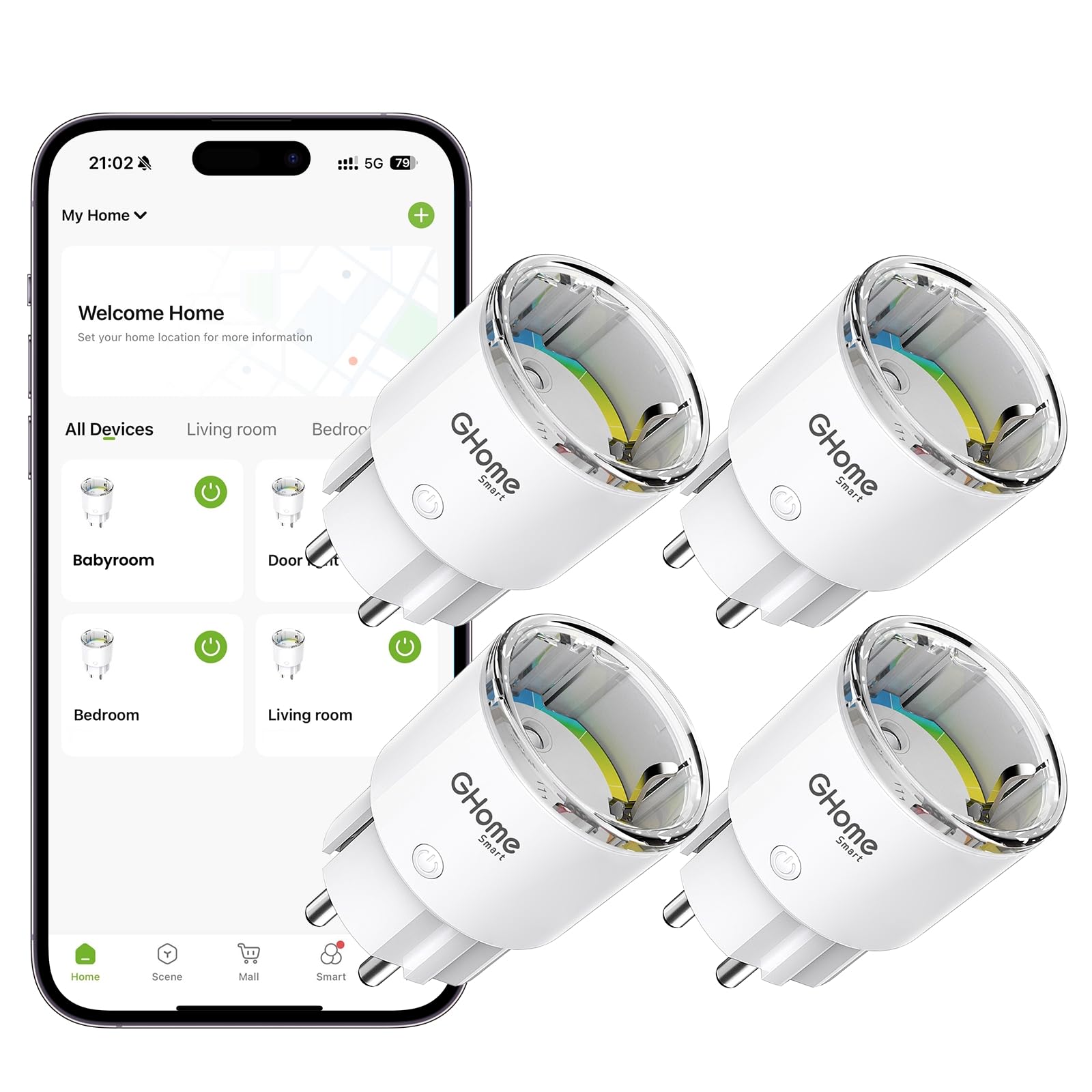 GHome Smart GHome Smart Enchufe Inteligente, Mini Enchufe WiFi con Monitoreo de Energía, Tomada Inteligente con Temporizador, Control Remoto, Funciona con Alexa y Google Home, Certificado TÜV, 10A, Solo WiFi 2.4G