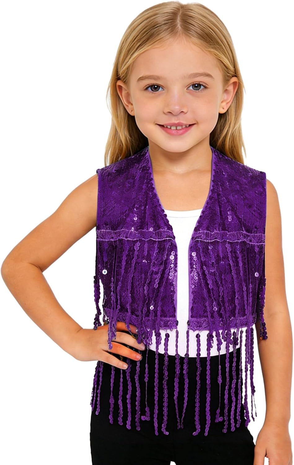 Kids Girls Sparkly Sequin Tassel Vest Crop Top Open Front Sleeveless Cowgirl Fringe Jacket Western Outfit