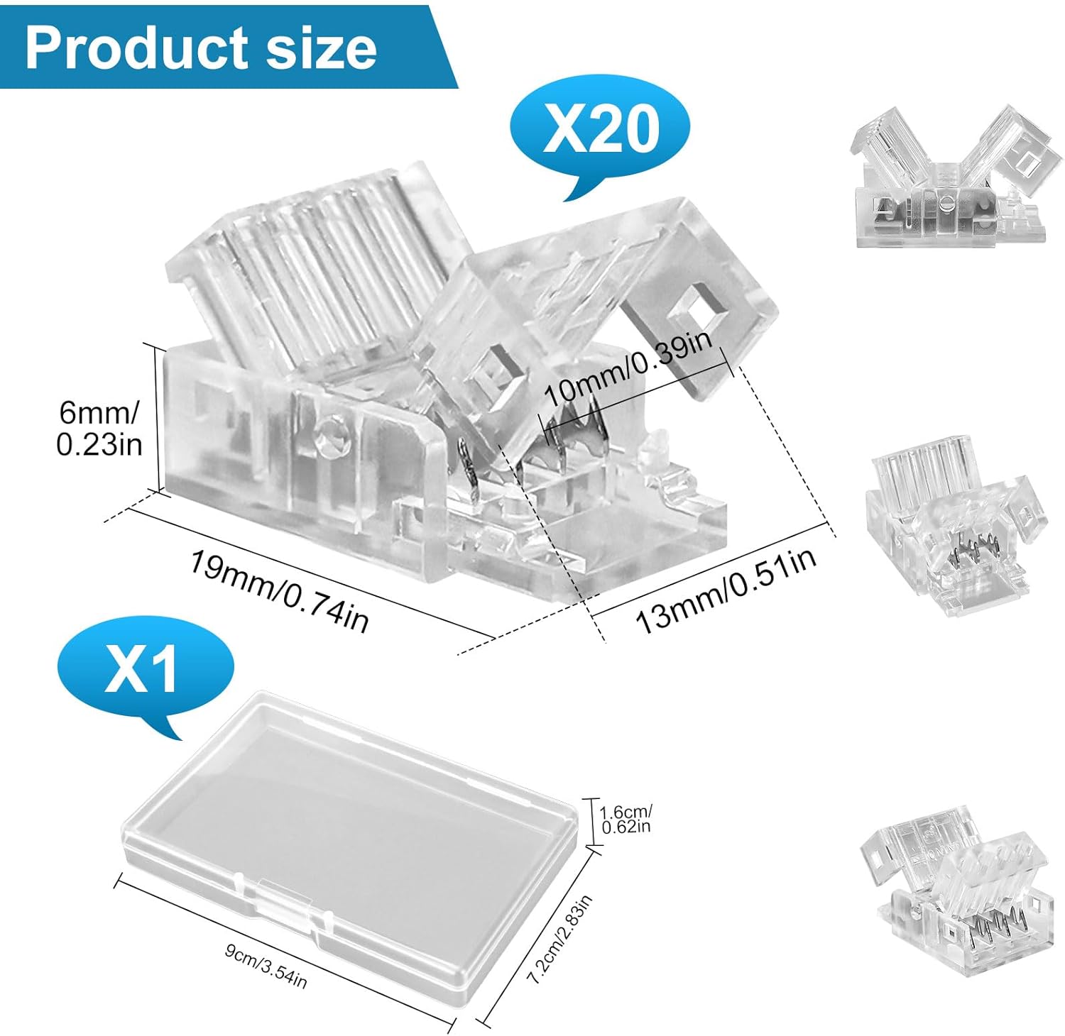 20-Pack 4 Pin 10mm LED Strip Connectors for 10mm Waterproof or Non-Waterproof SMD RGB 5050/3528 LED Strip Lights, Solderless Quick Strip to Wire Connector 5V-36V 5.5A