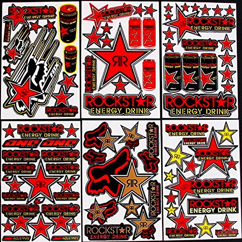 6 FEUILLES D'AUTOCOLLANTS PRÉ-DÉCOUPÉ VINYLE MOTOCROSS BMX ROCKSTAR ETC MX BOISSONS éNERGISANTES STRR