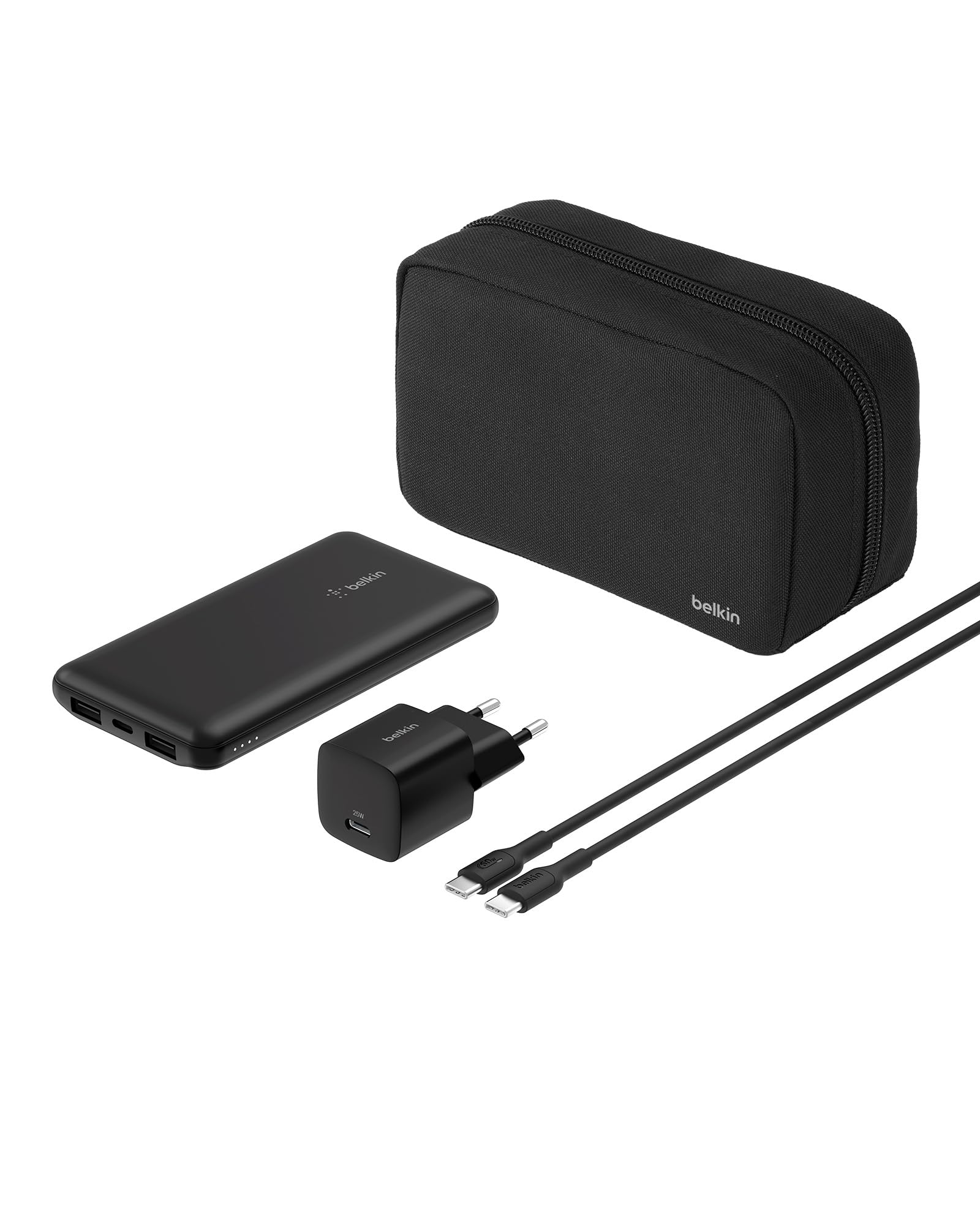 Belkin Kit di Ricarica 4 in 1 con Power Bank da 10.000 mAh, Caricatore USB-C da 25 W, Cavo USB-C da 60 W e Custodia da Viaggio, Ricarica Rapida Multi-Dispositivo, Design Compatto ottimo per i Viaggi