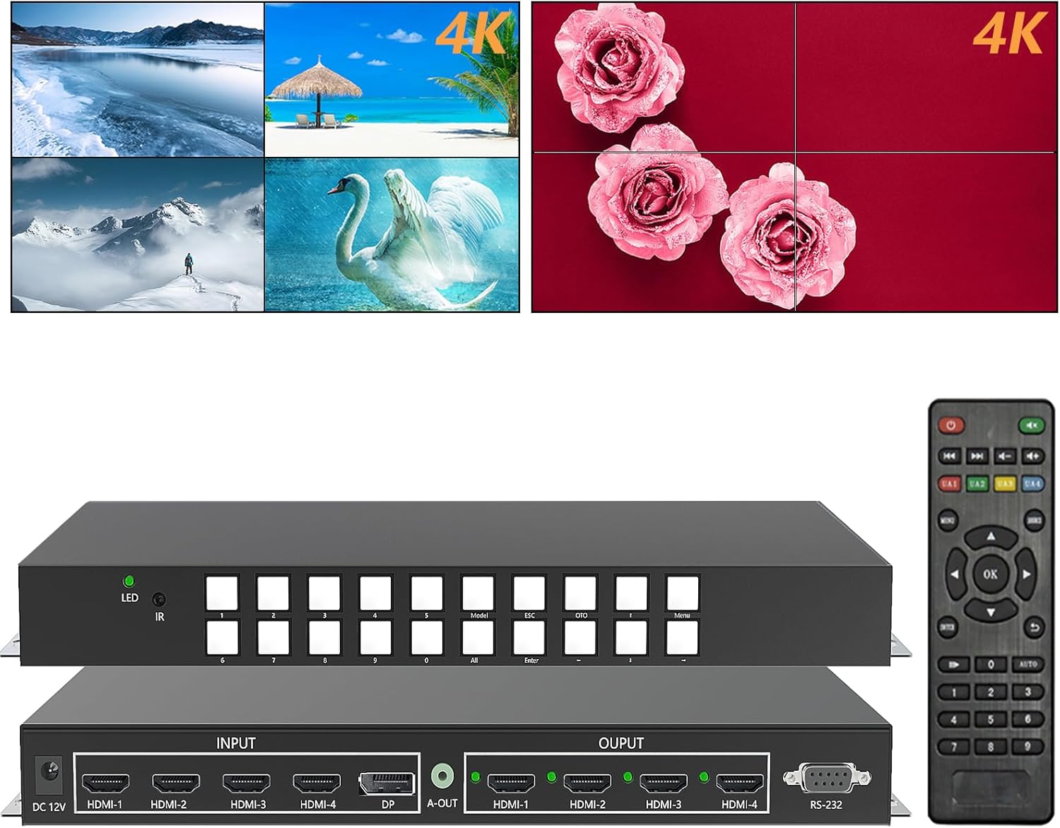 ICUIXIAN Multi-View 4x4 Seamless HDMI Matrix Switch 4 Input Video Wall Controller 2x2 4K60Hz 4:4:4 24-bit, HDMI 2.0, 18Gbps, Rs-232, 1x4-4x1-1x3-2x1-2x2 Video Wall 90-180° Rotate,4x4 Matrix(UD-0404)