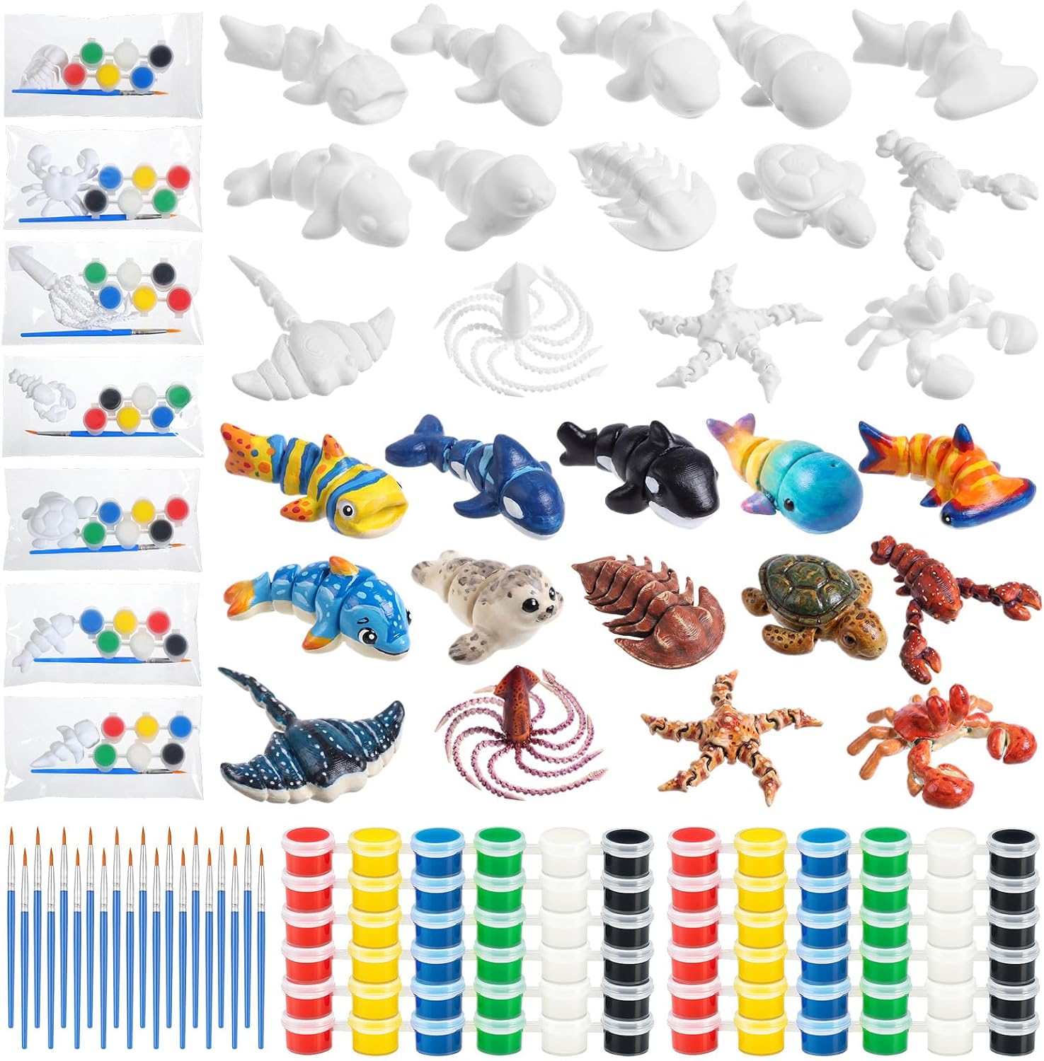 Honoson 28 Set 3D Printed Animal Figurines Painting Arts and Craft Kit Paint Your Own Figurines Articulated Flexible DIY Unpainted Craft with Brush Palette Paints for Sea Ocean Animals Party Favor