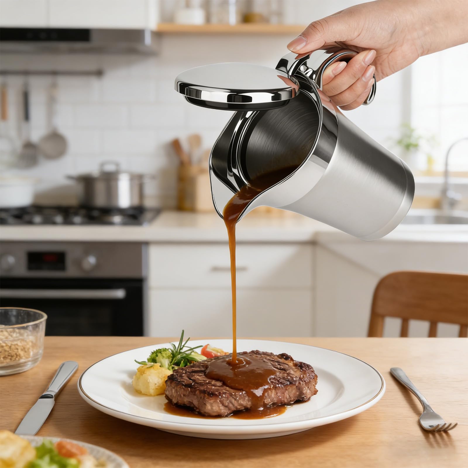 750ml Edelstahl Thermo Sauciere, Doppelt Isoliert Soßenkanne Tropffreier Ausgießer Thermosauciere für Hause Abendessen Restaurants Partys Eleganter Silber