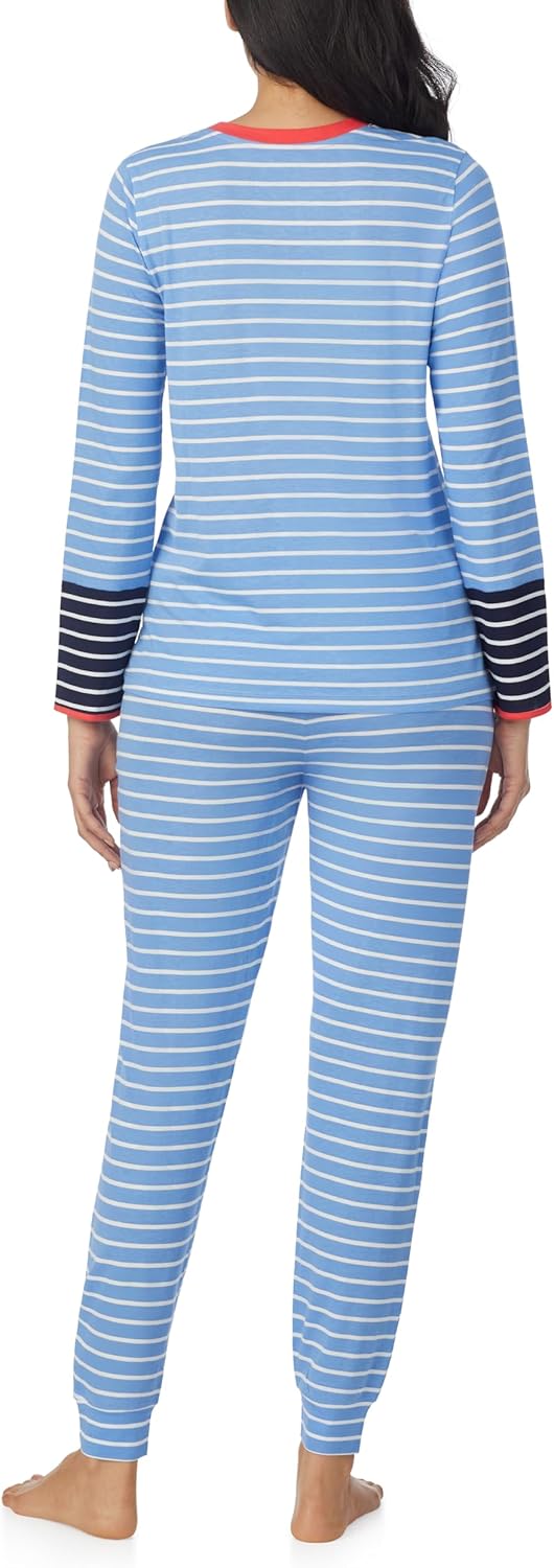 Nautica Striped Lightweight Cotton Pajama PJ Set for Women, Womens Long Sleeve PJs Pajamas Crewneck Shirt & Jogger Pants Sets - Image 2