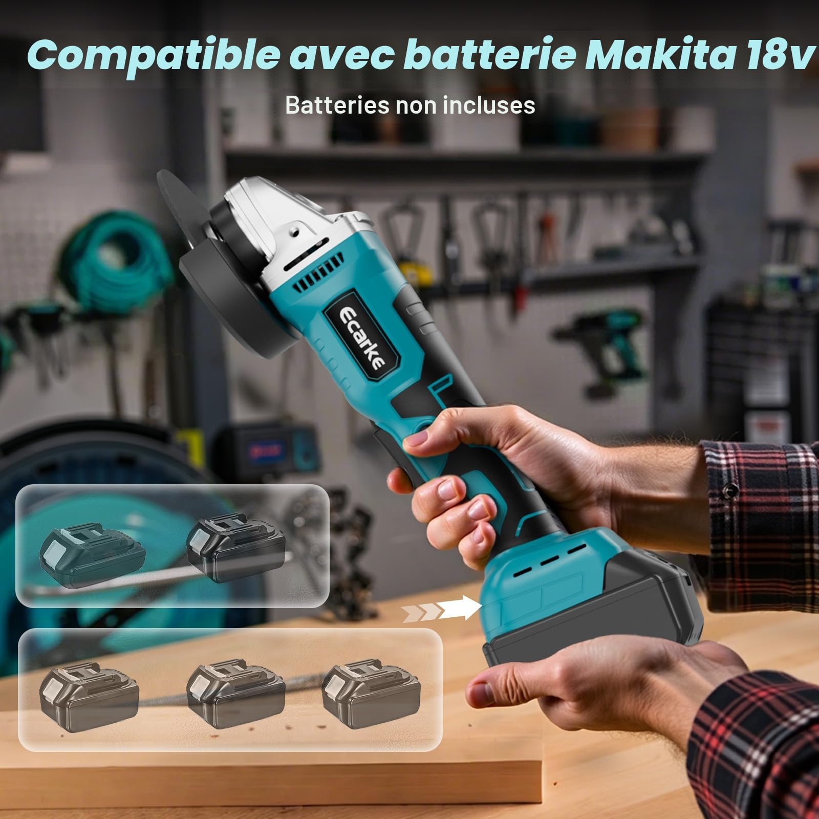 Ecarke Meuleuse d'angle sans fil pour batterie Makita 18V Li-Ion, meuleuse professionnelle sans balai 900W, 9000 tr/min, diamètre du disque 12,5 cm avec clé de meuleuse d'angle (sans batterie)