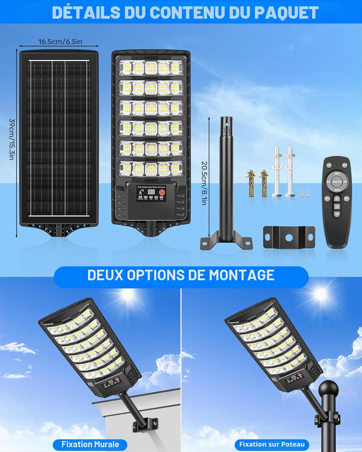 LEKIA Lampe Solaire Extérieur, 1000W Puissant Lampadaire Solaire avec Capteur de Mouvement et Télécommande, 6000K IP65 Étanche Spot Solaires Éclairage pour Jardin Cour Parking (2 Pièces)