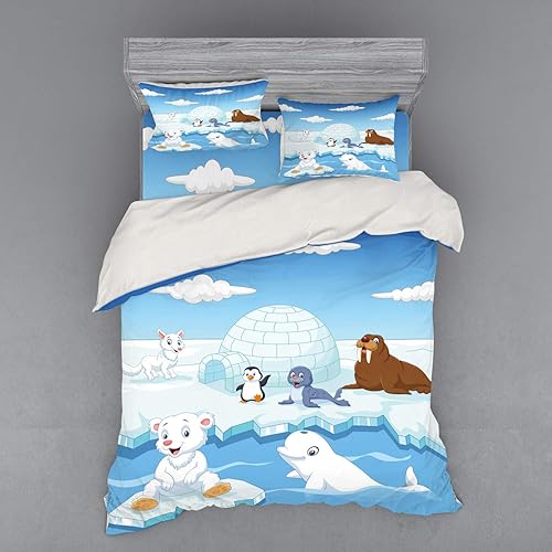Ambesonne - Juego de funda de edredón con diseño de animales de los árticos, diseño de osos polares, diseño de pingüinos y lobos de ballenas, obra