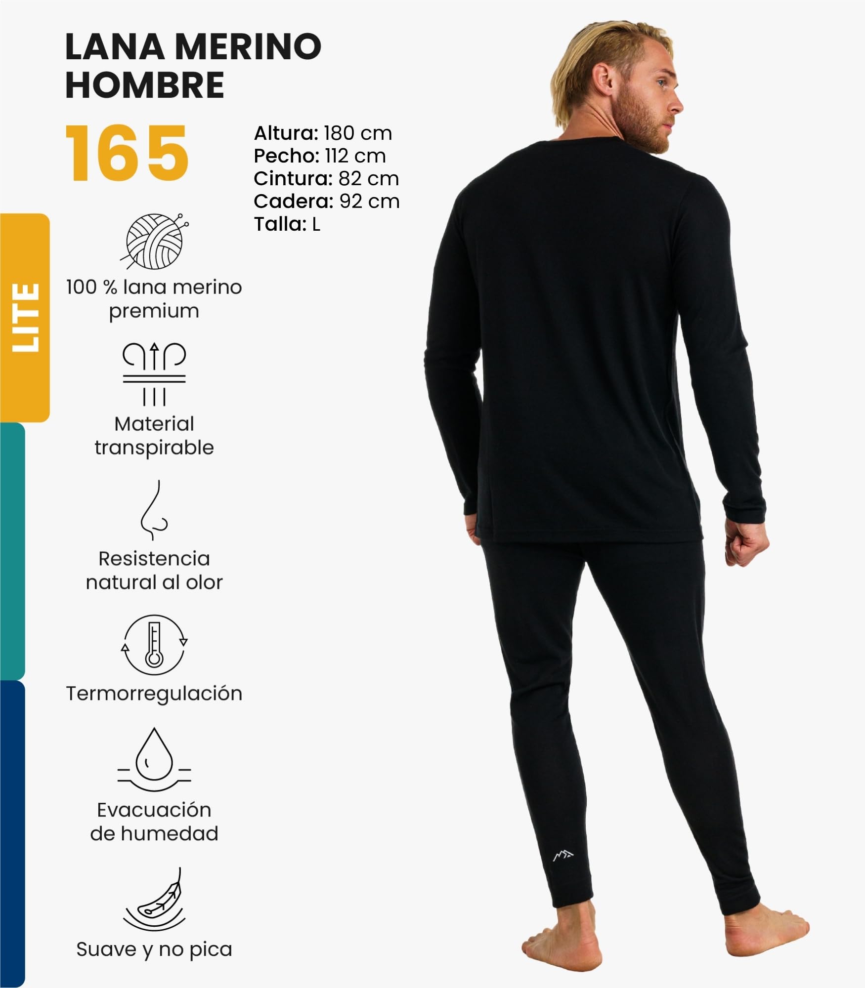 Merino.tech Conjunto Lana Merino Hombre - 100% Lana Merino con Calcetines | Capa base (Ligera/Media/Pesada) para senderismo, esquí y outdoor. Transpirable.