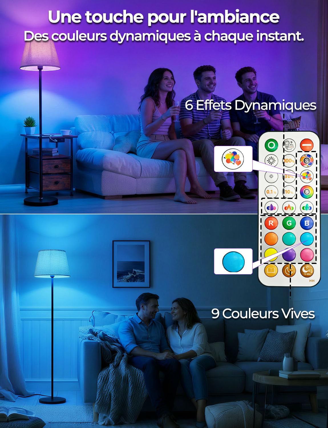 Lampadaire LED sur Pied Salon avec Variateur RGB, Double commande par Télécommande et interrupteur au pied, 9 couleurs + 6 modes Dynamiques, 152CM Moderne& 1200LM Ampoule, CRI92,pour Chambre et Bureau