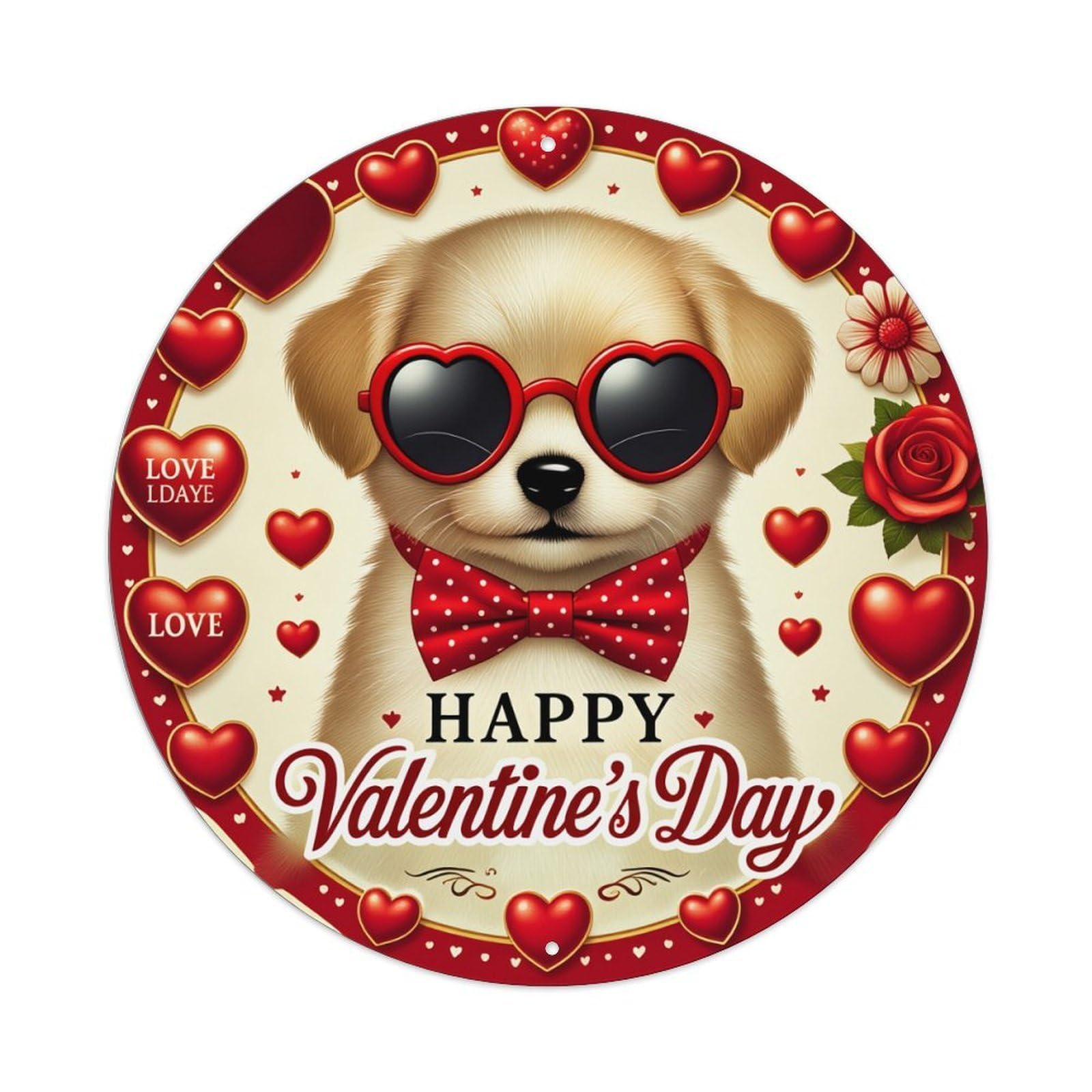 Heart Dog Sunglasses Bowtie Rose Round Tin Sign Vintage Metal Poster, Home Bar Garage Man Cave Cafe Indoor & Outdoor Wall Decoration 8x8Inches