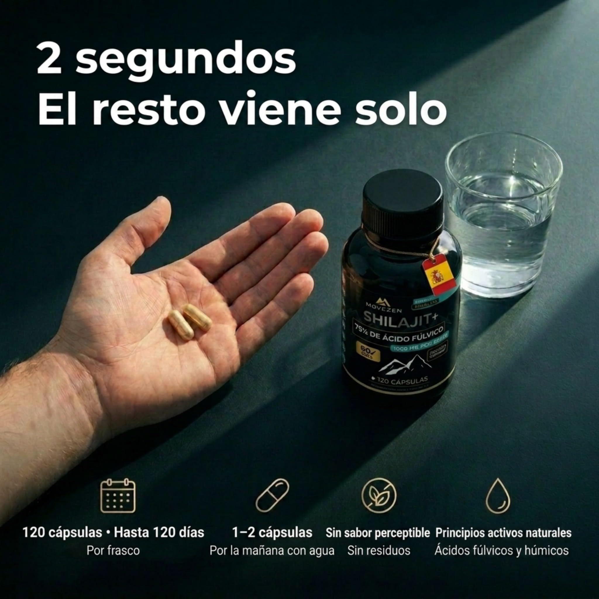 Shilajit+ Cápsulas Movezen, Himalaya, 120 Cápsulas Veganas, Sin Sabor, 1000 mg por Dosis, ≥75% Ácido Fúlvico, 85 Minerales, Hasta 120 Días, Analizado por Eurofins, Calidad Europea (Mumijo)