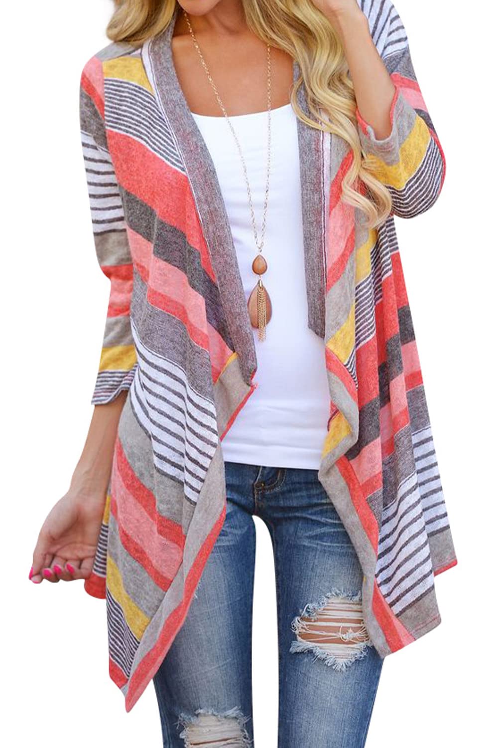 DEARCASE Womens Open Front Cardigans 3 4 Sleeve Draped Striped Sweater Jackets Draped Kimono Loose Cardigan