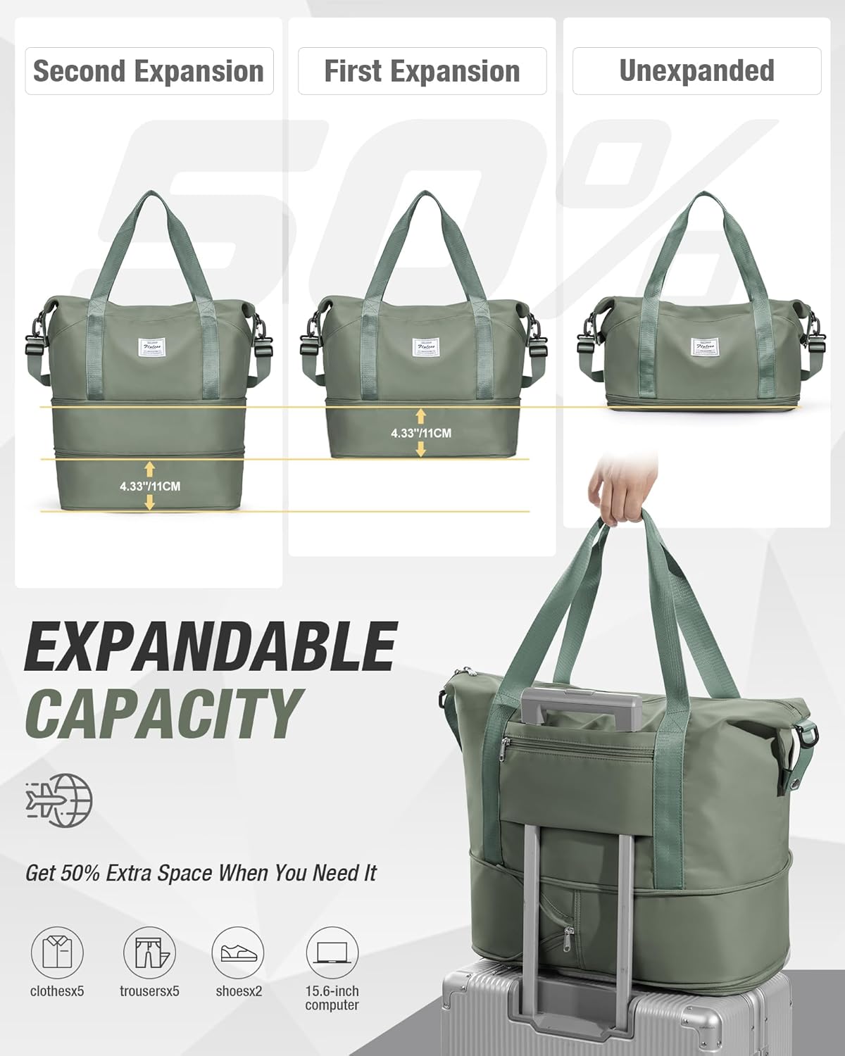 Expandable Travel Duffle Bag for Women Men, Large Gym Bag Travel Tote Bags, Waterproof Carry On Personal Item Bag Airline Approved, Workout Weekender Bag for Overnight Trips with Luggage Sleeve, Green - Image 3