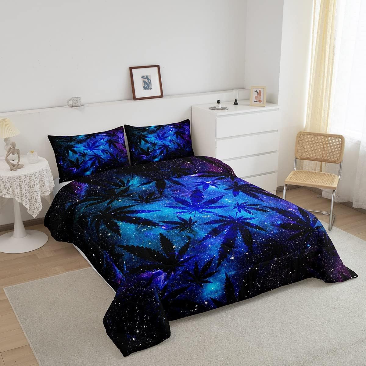 Feelyou Marijuana Leaf Comforter Set Queen Size Galaxy Cannabis Leaves Bedding Set for Kids Boys Adults Universe Outer Space Comforter Botanical Weed Hemp Quilted Duvet Set 3Pcs Bedroom Decoration