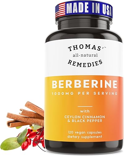 Thomas' all-natural Remedies Berberine 1000 mg de apoyo metabólico - 120 cápsulas veganas con canela de Ceilán orgánica y pimienta negra | Apoya la