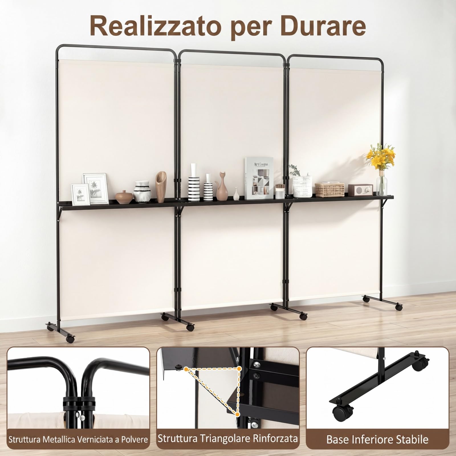 COSTWAY Paravento Interno 3 Ante con 8 Ruote Bloccabili e Ripiani (Bianco) | Separe Divisorio Pieghevole con Scaffale Portaoggetti, Tessuto Resistente e Opaco per Salotto, Camera da Letto e Ufficio