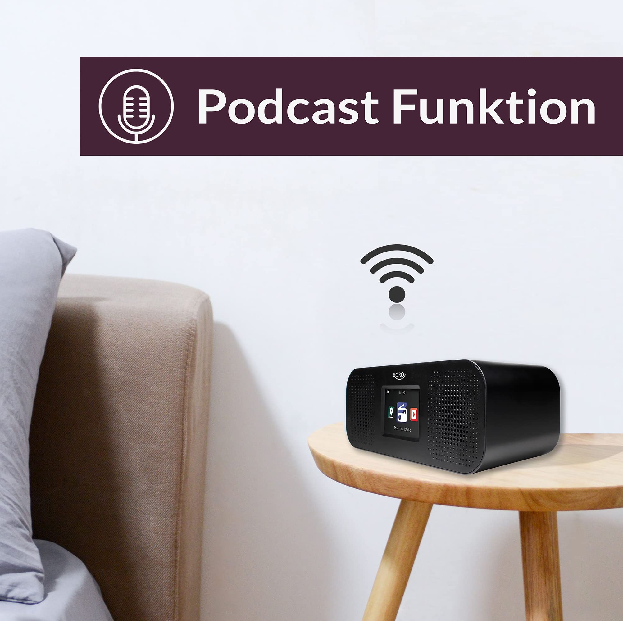 Cyfrowe radio internetowe Wi-Fi XORO HMT 425 Basic z kolorowym wyświetlaczem o przekątnej 2,8", podcastem, odtwarzaczem multimedialnym USB, symulacją stacji FM/DAB+, budzik