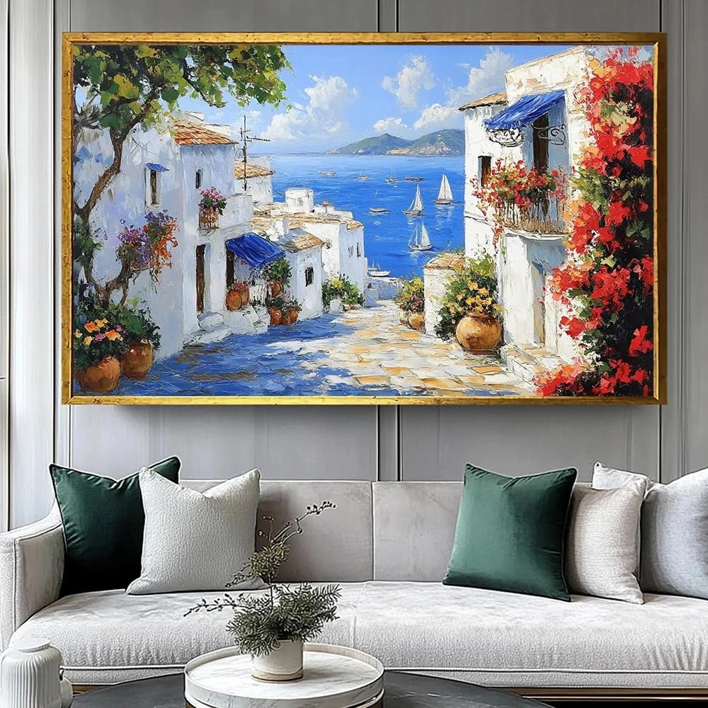 GOSRD Mediterranean Coast Wall Art Coast Prints painting, Greek coastal village canvas Posters, Home Living Room Decoration(60x90cm)