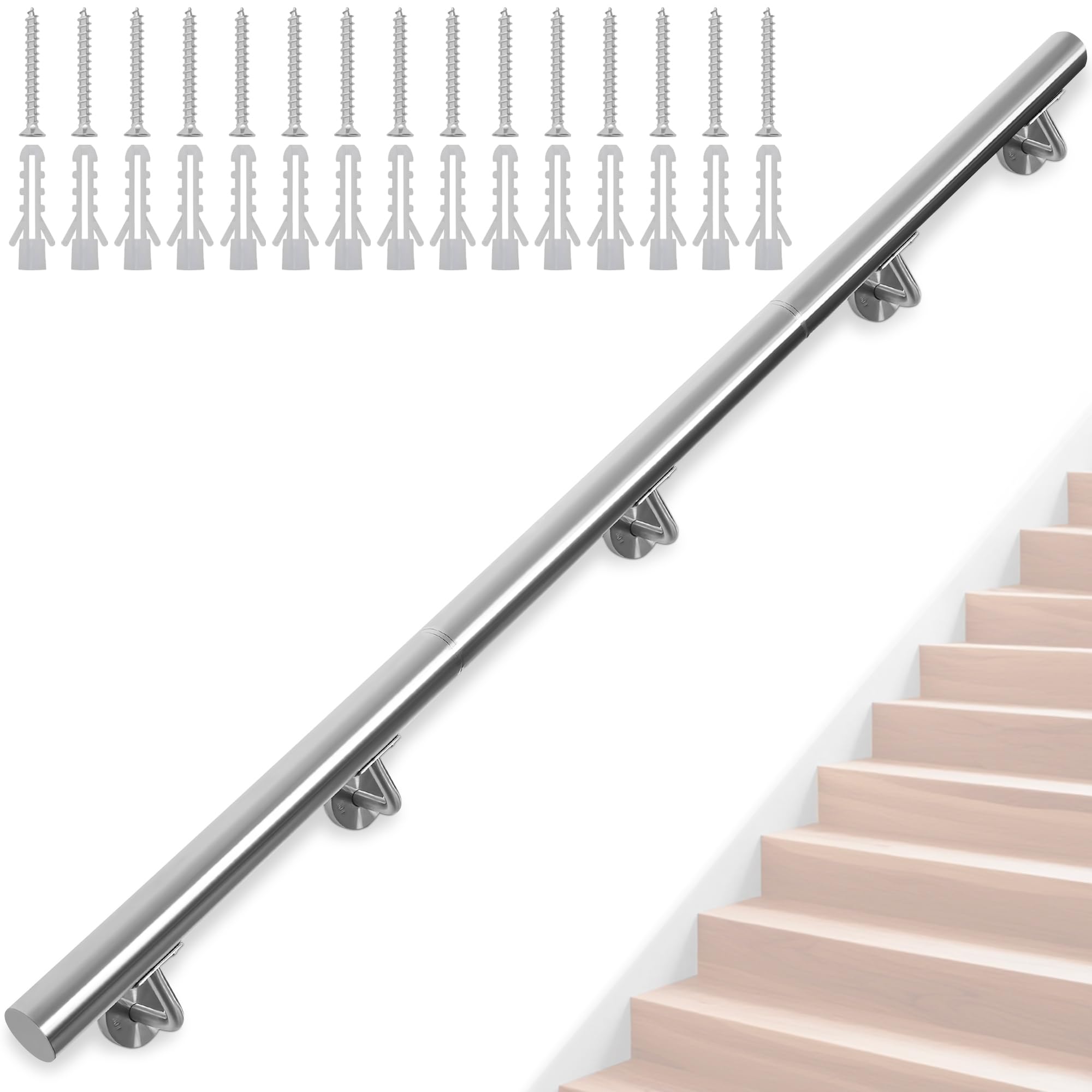 Edelstahl-Handlauf, 300CM Treppengeländer, Geländer mit 42 mm Durchmesser,Wandmontierter Handlauf mit Wandhalterungen und Befestigungselementen, Geeignet für Innen/Außenbereich