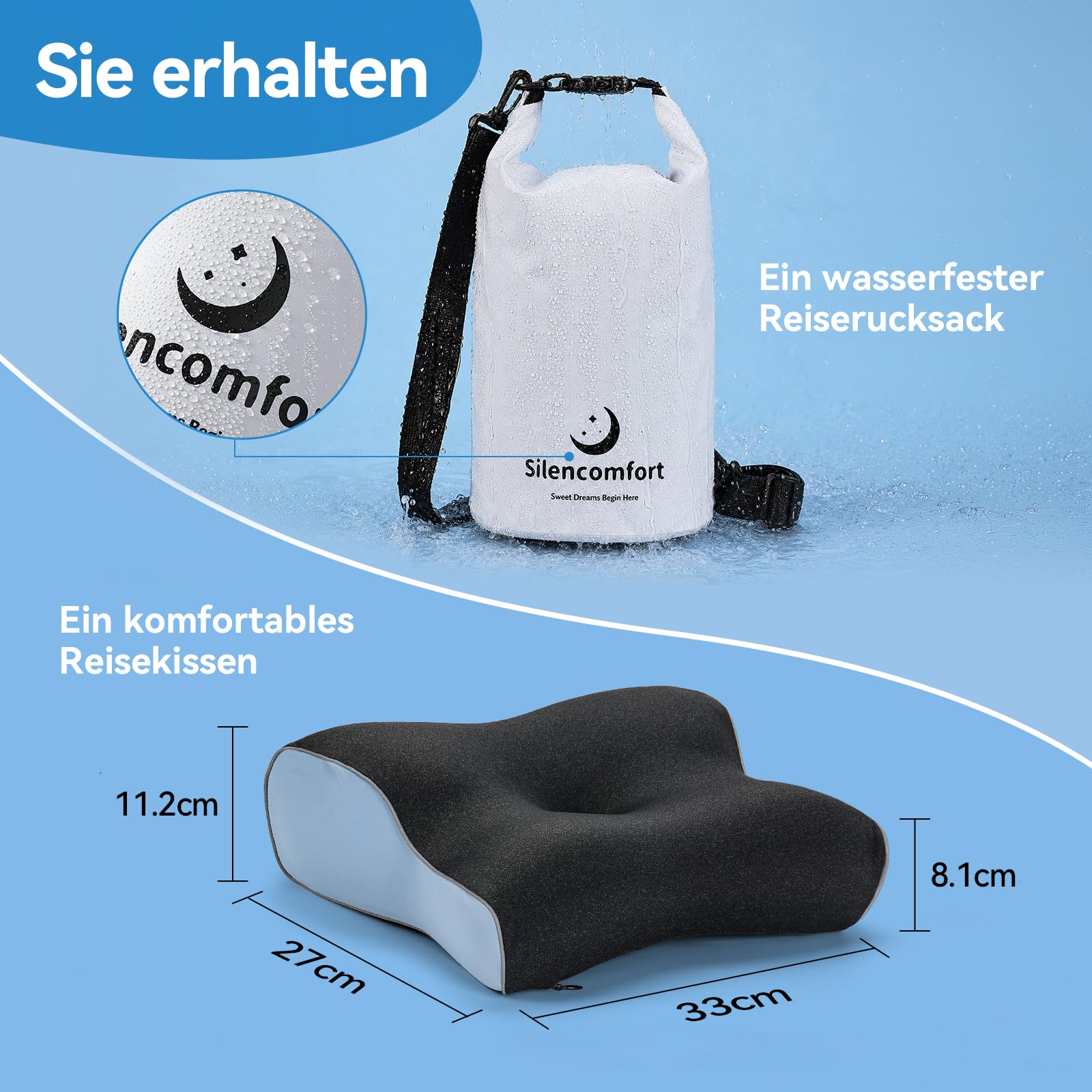 Cuscino da Viaggio in Memory Foam, Compatto Cuscino Campeggio per Dotato di Federa Rinfrescante, Cuscinos Cervicale Ergonomico per Camper, Tenda, Attività all'Aperto e Viaggi di Lavoro