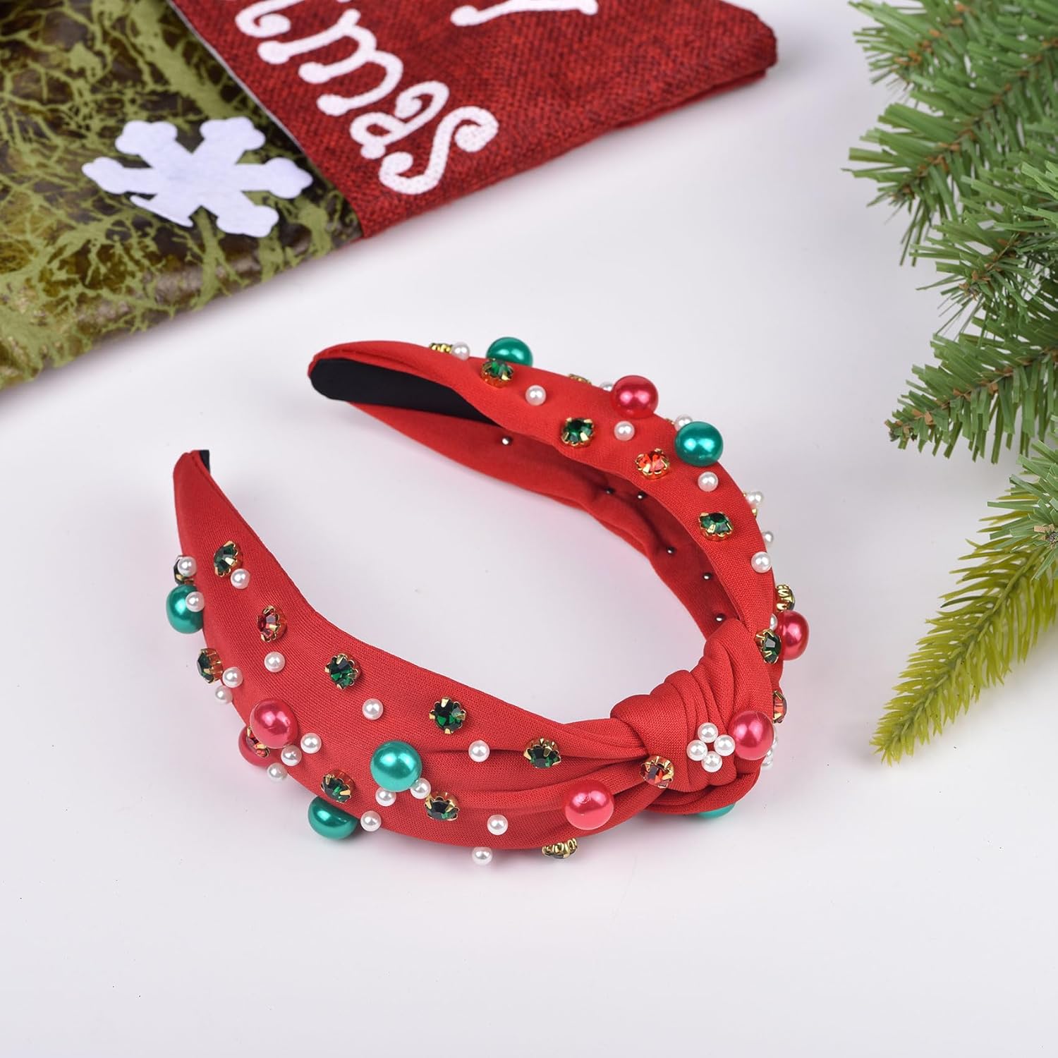2Pcs Christmas Headband Red Pearl Rhinestone Beaded Hairband Xmas Wide Knot Hair Hoop Holiday Festival Gift for Women - Image 8