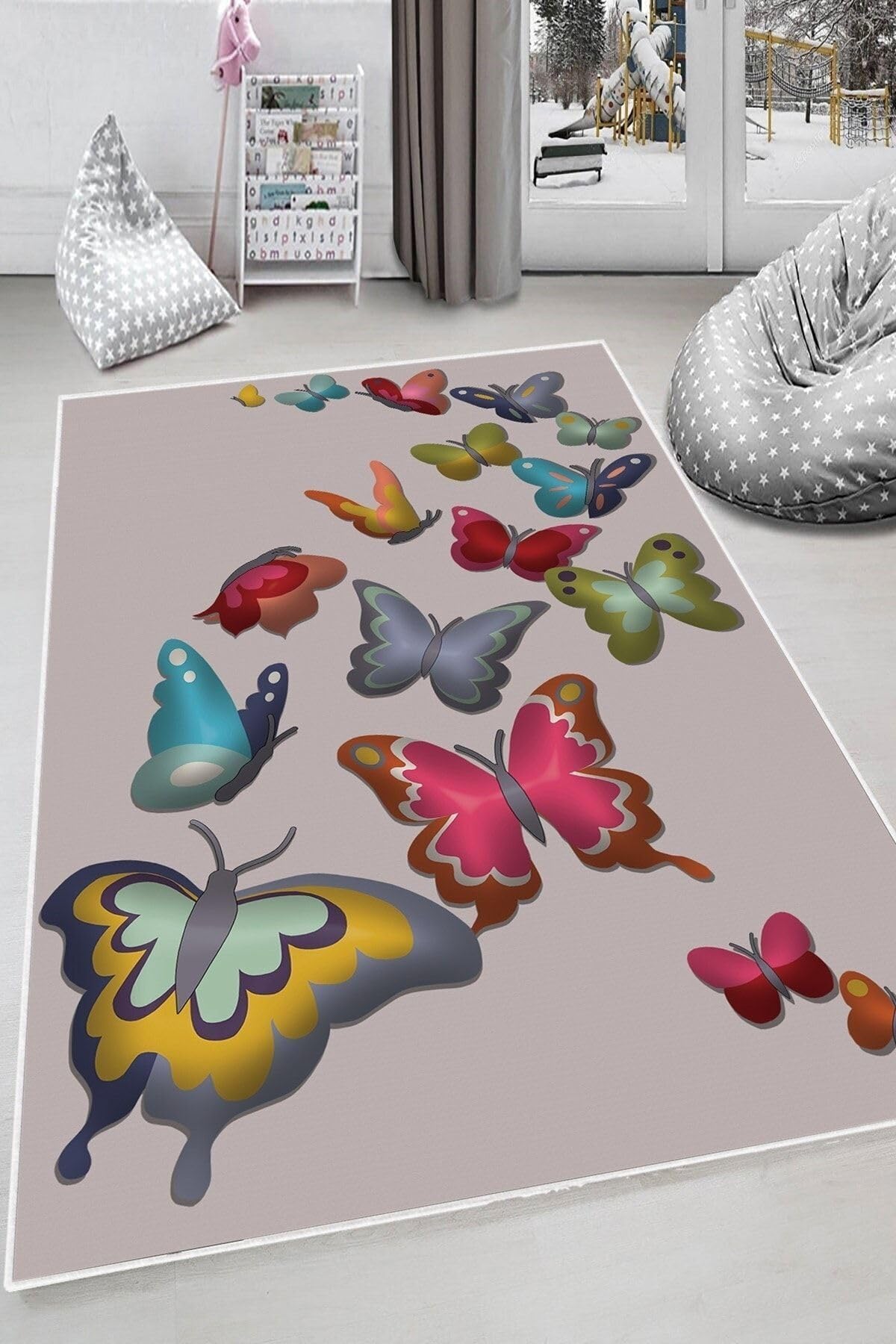 Pelangi Gri Kelebekler Desenli Yıkanabilir Kaymaz Taban Leke Tutmazbebek Ve Çocuk Odası Halısı, Gri-Pembe 80 x 350, 90135716680350