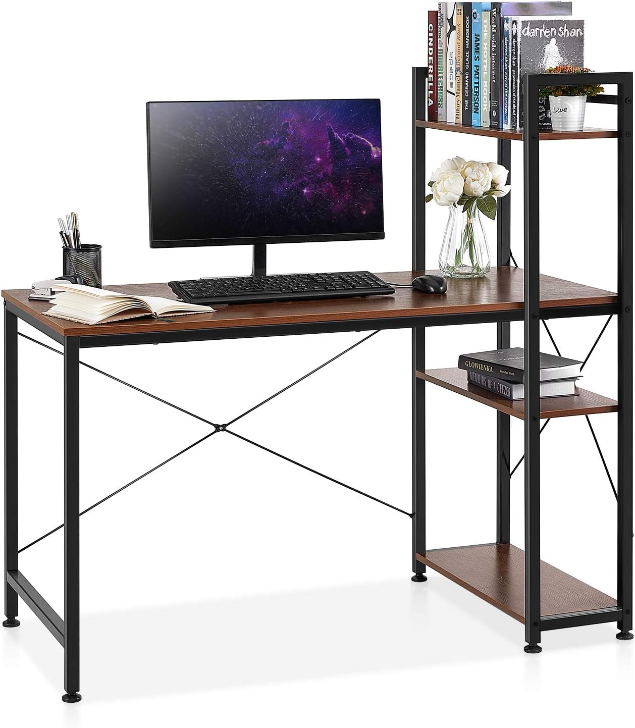 Home Office Desk with 4 Tier Bookshelf Tall, Computer Writing Desk with Rack Storage, Study Desk with Sturdy Metal Frame, Multipurpose PC Wood Workstation, 47 x 23 x 28 inch, Brown