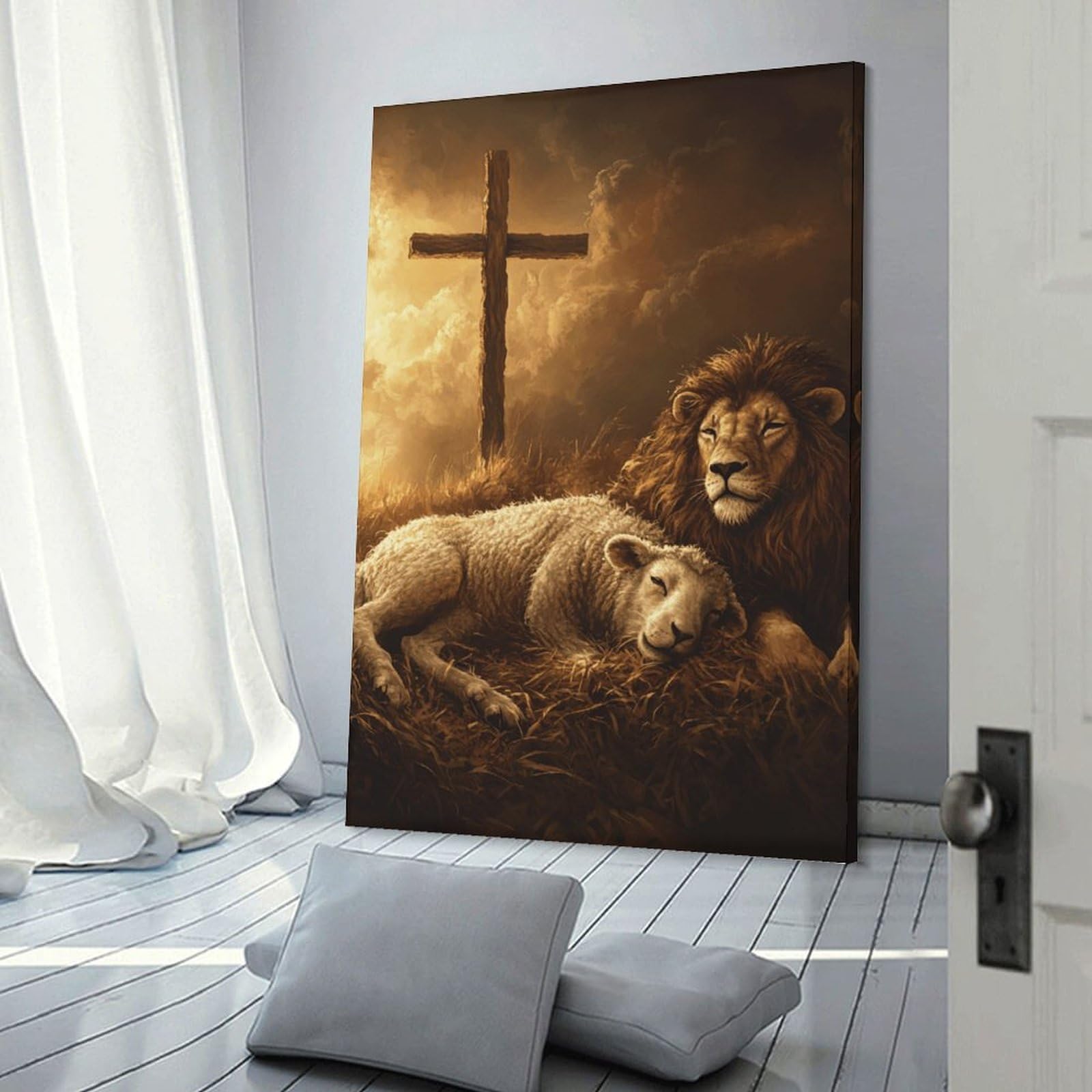 Junmoney Frame-Style-7 Peaceful Lion And Lamb Scene Canvas Wall Decor, 24X36inch(60X90cm), For Small Homes, Bedrooms Or Open Spaces, Home Artwork For Modern Interiors