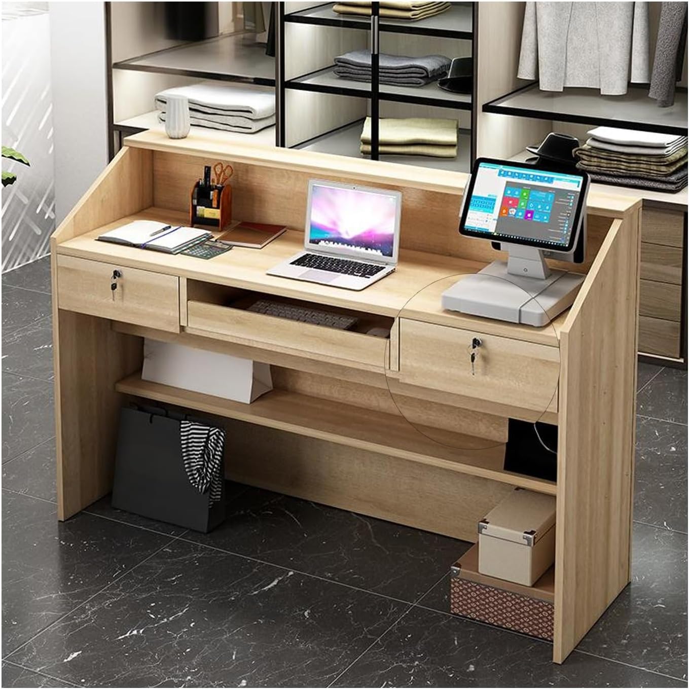 Reception Desk for Spaces with Lockable Drawer, Compact Office Counter Desk Counter Modern Front Lockable Drawers,Reception Desk with Lockable Storage, Welcome Checkout Counter for Salon & O