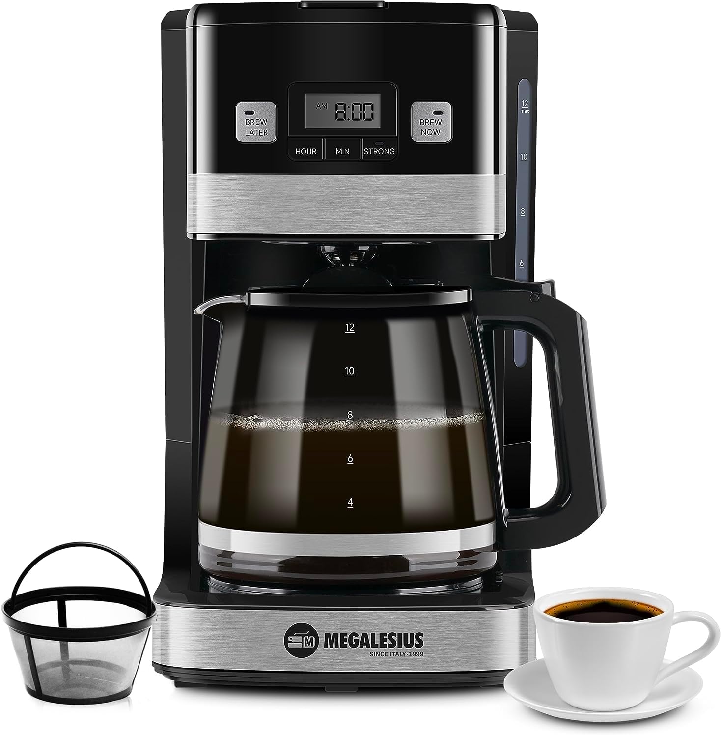 Megalesius Programmable Coffee Maker, 12 Cup Coffee Maker With Auto Shut Off, Drip Coffee Maker With 4-Hour Keep Warm, Glass Carafe, Reusable Filter, Anti-Drip System, Strong Brew, Black