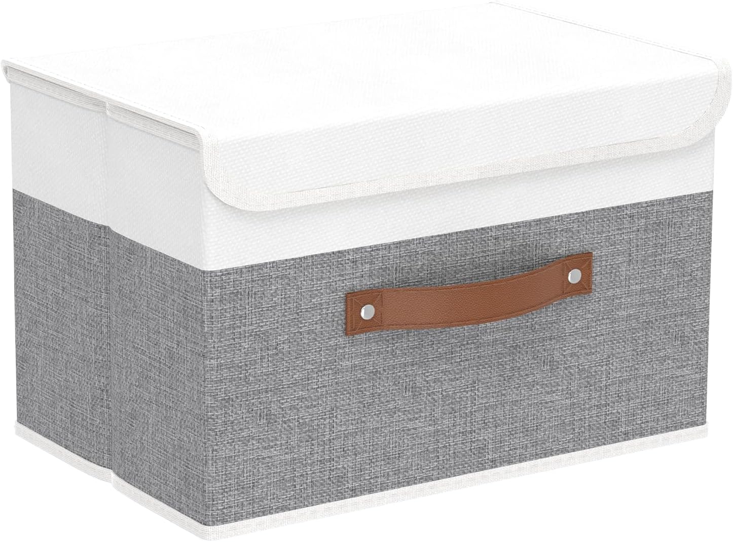 Yawinhe Storage Boxes with Lids, Linen Fabric Bin, Cube Organizer Basket, Washable and Leather Handle, for Home, Closet, White/Grey, 15.0”Lx9.8”Wx9.8”H, 1-Pack, USNK024WGL-1