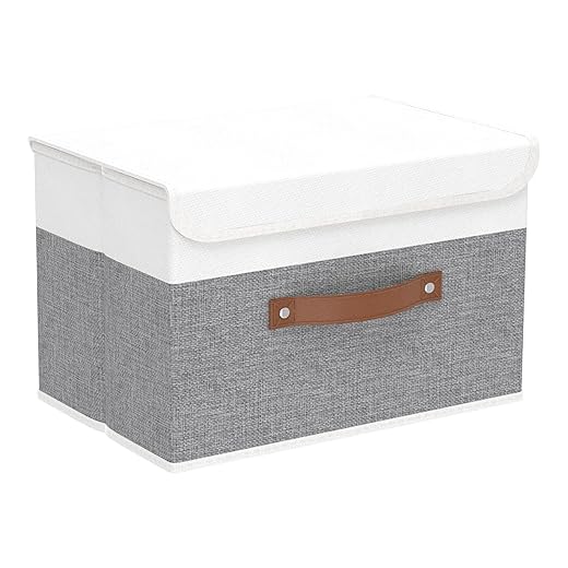 Yawinhe Collapsible Storage Boxes 1 Pack, Linen Fabric Storage Baskets Washable, with Lids and Leather Handle, for Home Bedroom Closet Office, (White/Grey, 15.0x9.8x9.8in), USNK024WGL-1