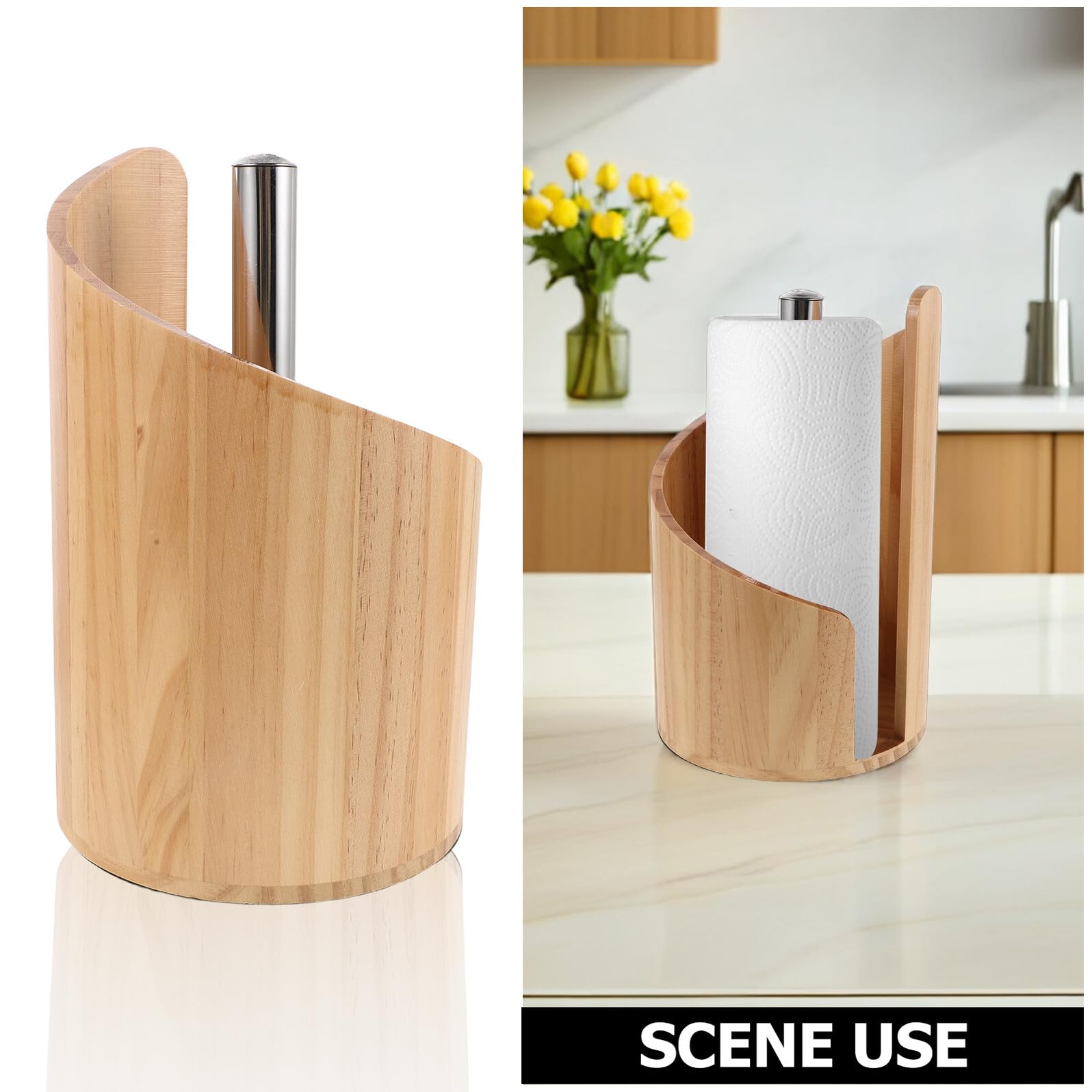 LIFKOME Portarrollos de Papel de Madera para Baño con Base Antideslizante, Dispensador Vertical para Encimera, Soporte Independiente para Rollos de Cocina, Fácil Uso Mano, Color Madera