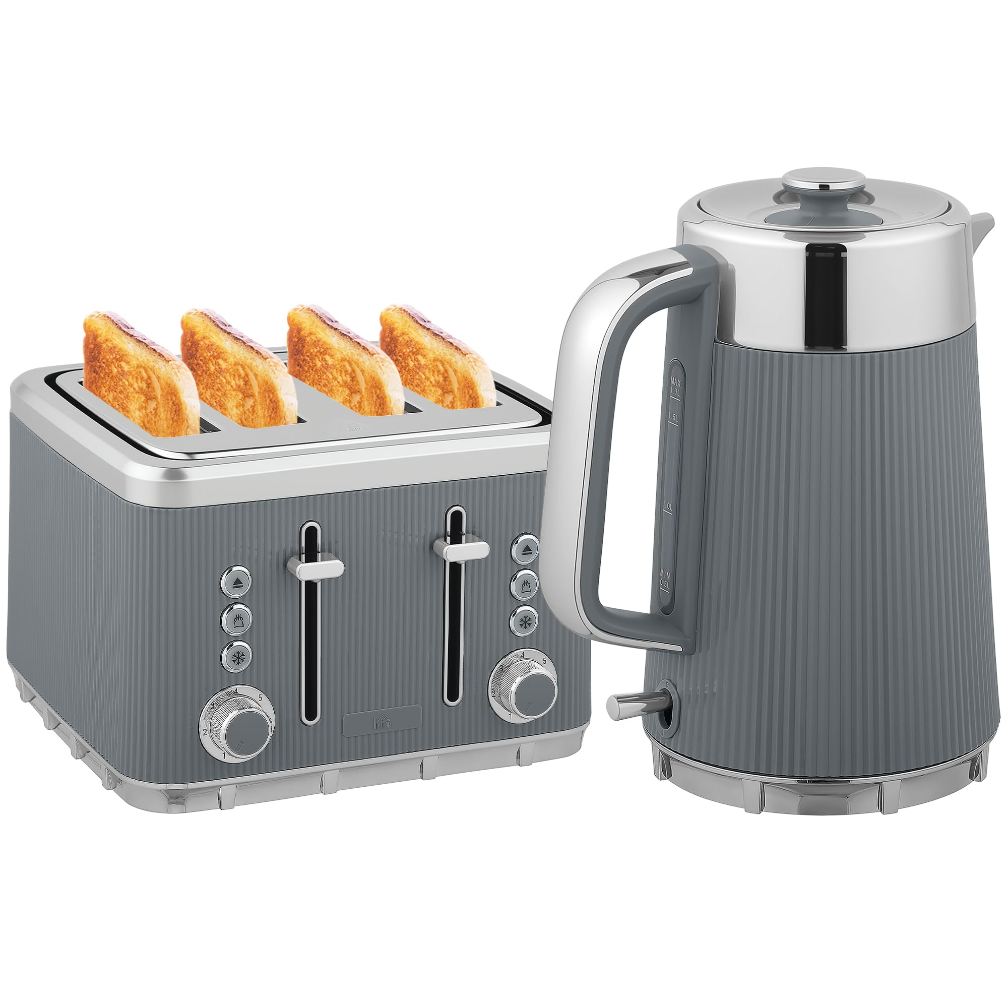 HOMCOM Juego de tostadora para hervidor de agua, 1,7 L, 2200 W, hervidor de agua rápido con interior de acero inoxidable, filtro de descalcificación, carcasa de sensación de refrigeración, termostato