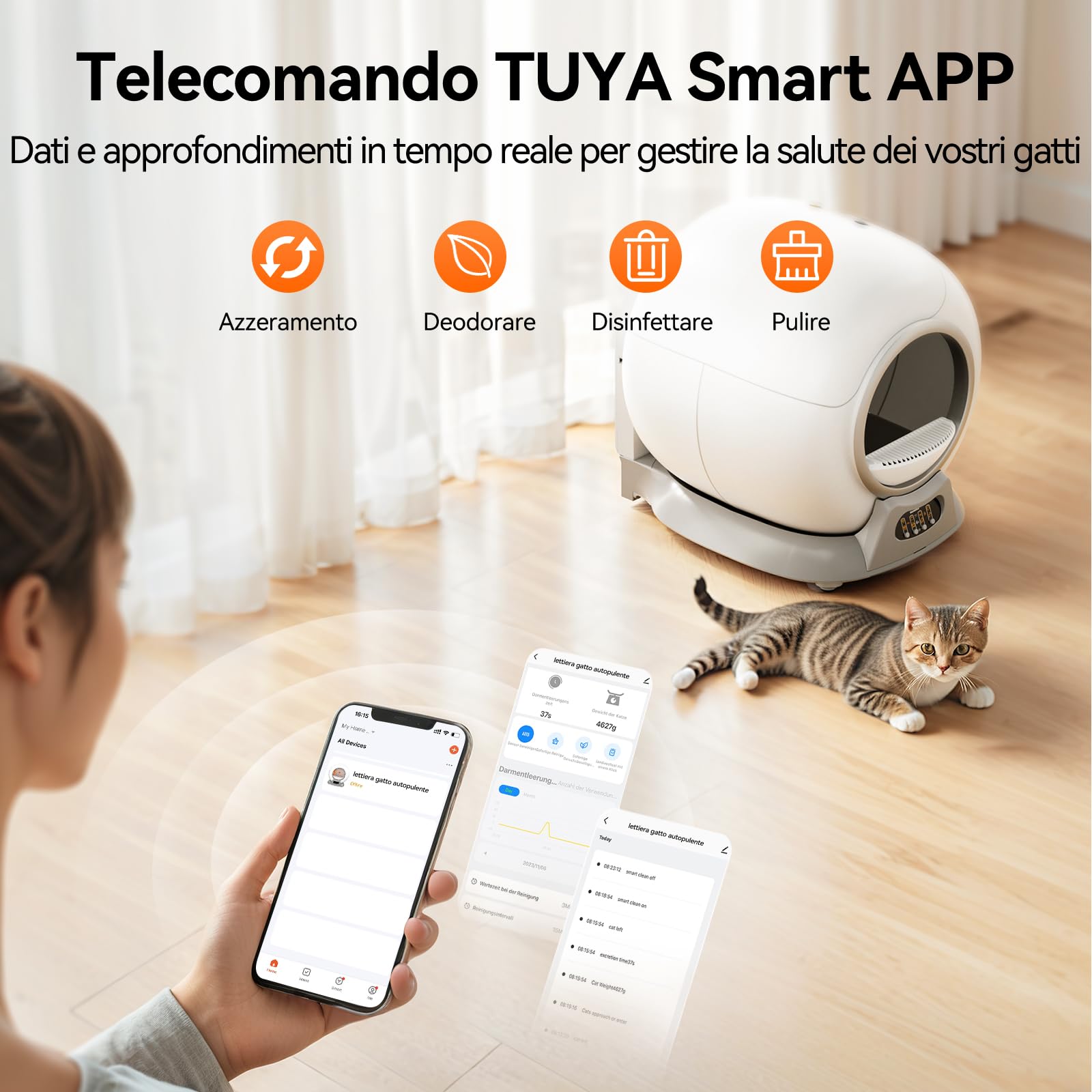 Lettiera Gatto Autopulente, Lettiera Autopulente Extra 65L, Cassetta di Controllo Della Sabbia Rimovibile, Allarme Sicuro,Controllo APP, Antipizzicamento per Più Gatti