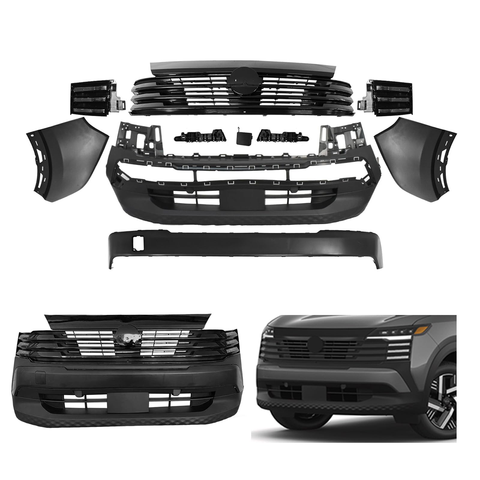 Front Bumper Cover Grille Kit for 2025-2026 Nissan Kicks 2.0L Primed | Complete kit with upper/lower grilles & fog lights, NO sensor holes, 626605RB0A