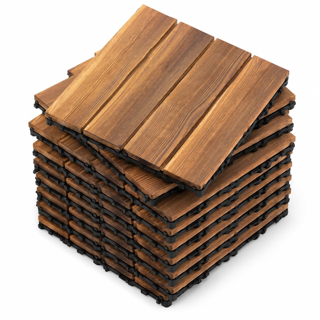 Dalle Terrasse Exterieur, 36x(30,3x30,3cm) Terrasse Exterieur, Dalle Clipsable Exterieur, Bois Massif de Mélèze Carbonisé, Antidérapant, Revetement de Sol pour Balcon, Jardin, Piscine