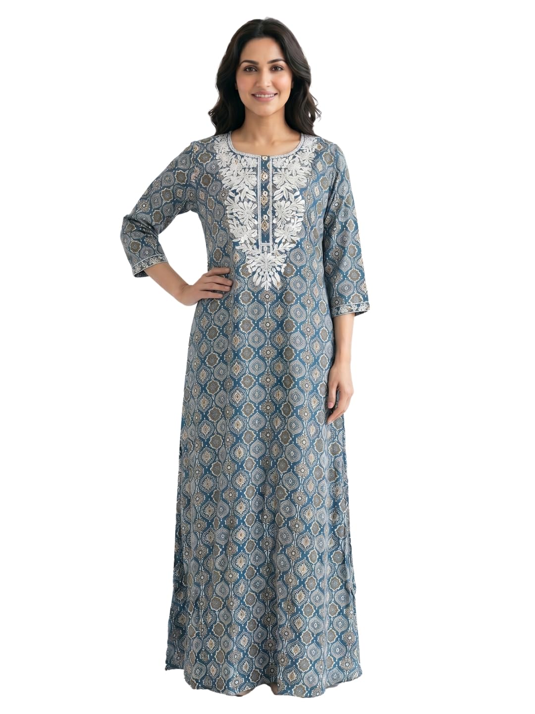 sanaa Women's Premium Pure Viscose Nighty | Elegant Embroidered Printed Loungewear Maxi Dress-picture-47