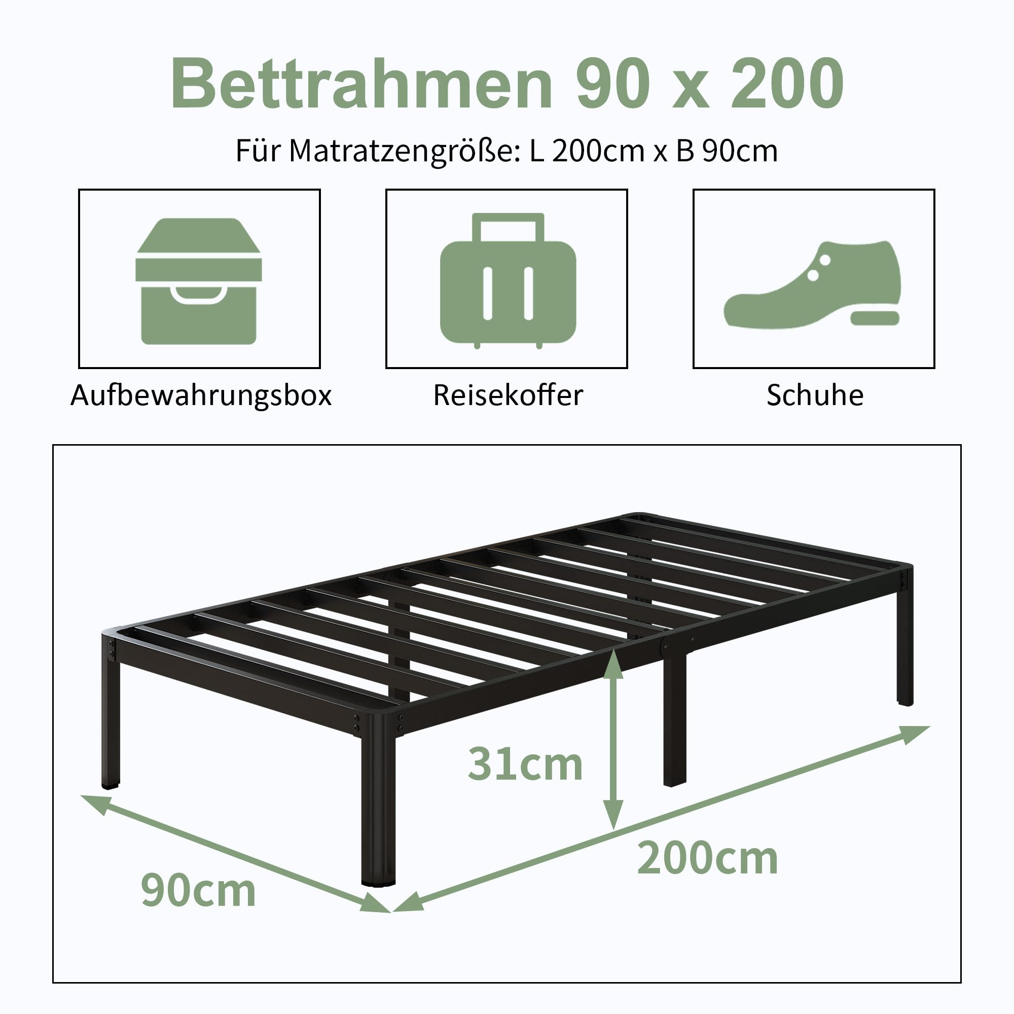 Lutown-Teen Metallbett 90x200 cm mit Runde Eckbeine, Höhe 30.5cm Bett mit Lattenrost, Robust Metall Bettgestell 90 x 200 mit Großer Stauraum unter dem Bett, Geräuschfrei, Einfacher Aufbau, Schwarz