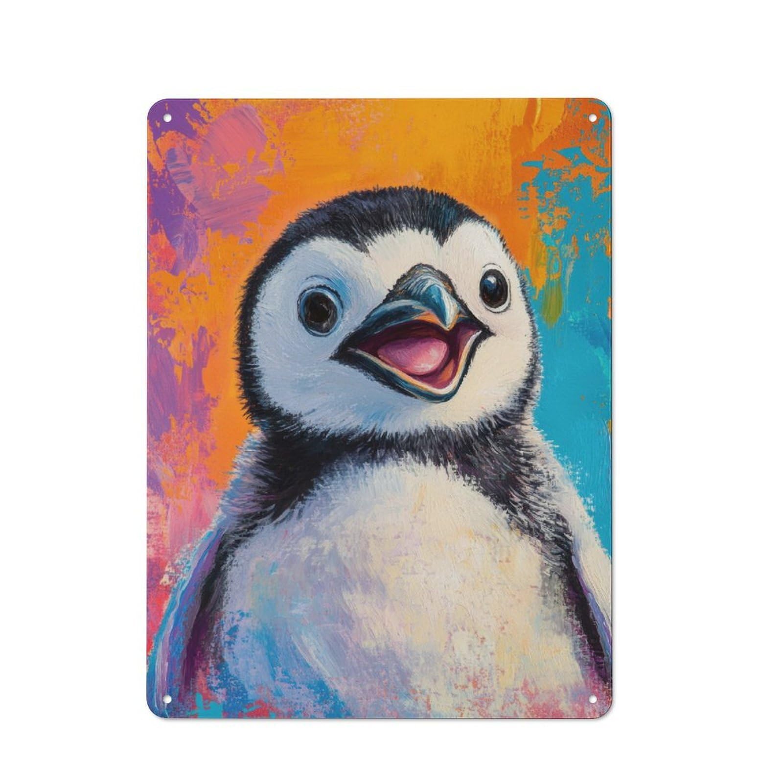 Vintage Tin Wall Sign 40x30cm Featuring Happy Penguin Portrait Painting, Room Wall Plaque for Flat, Dorm Room, Lounge Or Cafe