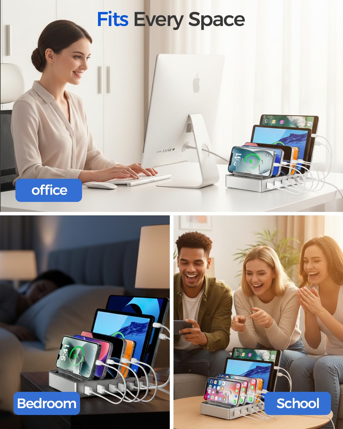Estación de carga de 300 W para múltiples dispositivos, estación de carga rápida de 6 puertos, compatible con iPhone, iPad, tabletas Android, organizador de viaje de oficina en casa